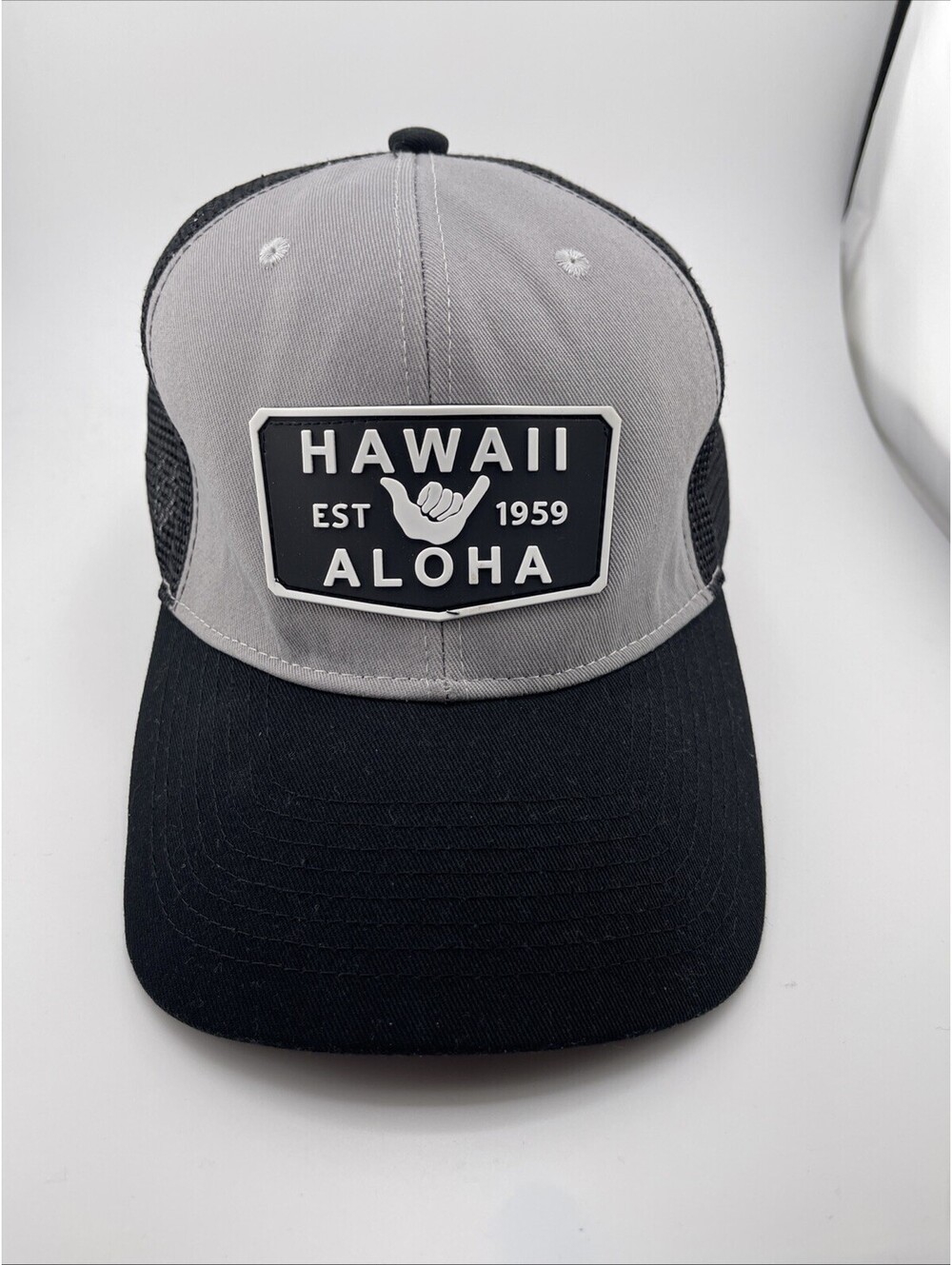 Hawaiian Trucker Hat - Est. 1959, Shaka, Hang Loose - Adjustable, Grey/Black